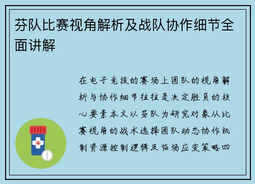 芬队比赛视角解析及战队协作细节全面讲解