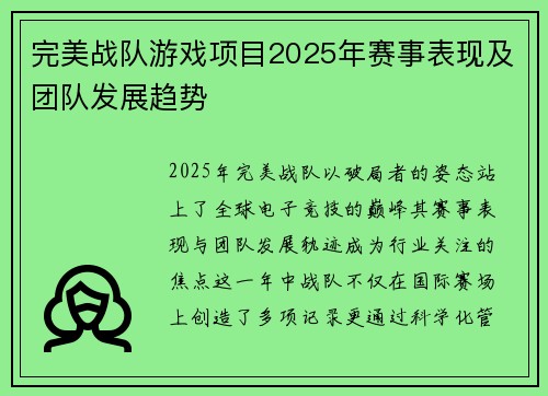 完美战队游戏项目2025年赛事表现及团队发展趋势